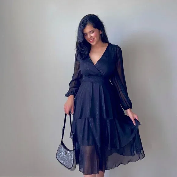 Tulle Tiered Black V Neck Midi Dress - Picture 3 of 6